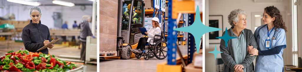 Das Bild ist eine Collage aus drei Bildern. Das erste zeigt eine weiblich gelesene Person bei der Arbeit im Supermarkt. Das zweite eine Person im Rollstuhl in einem Logistikzentrum und das Dritte eine Pflegerin und eine ältere Dame